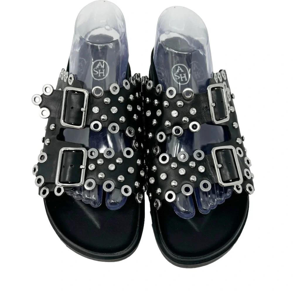 Ash New Universe Rhinestone Studded Leather Slip On Slides Sandals Black Size 40 - Picture 6 of 10